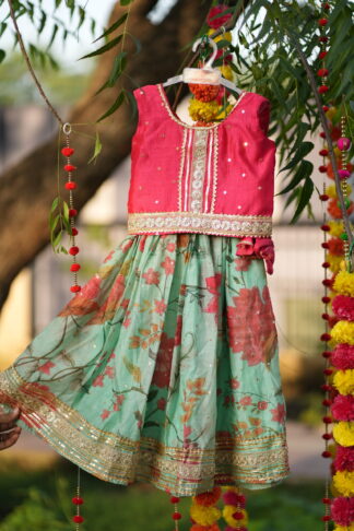Sea Green Floral Chanderi Lehanga