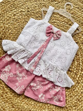 White Pink Schiffli Short Sets
