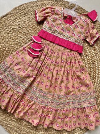 Peach Lehanga with  pink Flowers