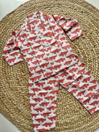 White Red Aligator Printed Night Suit