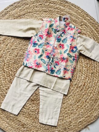 Cream pink floral koti with cream kurta pyjama