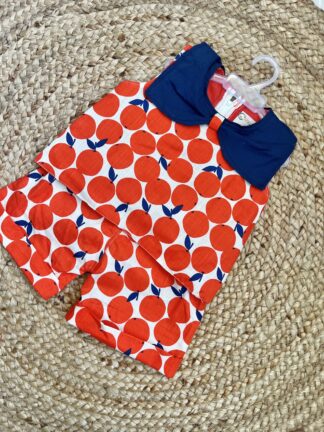 Orange Print Short Sets with Bow Collar