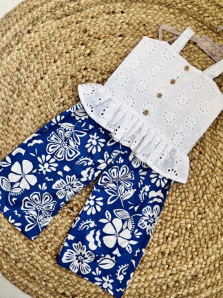 White Blue Schiffli Plazo Set