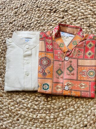 Peach pink printed koti with cream kurta pyjama