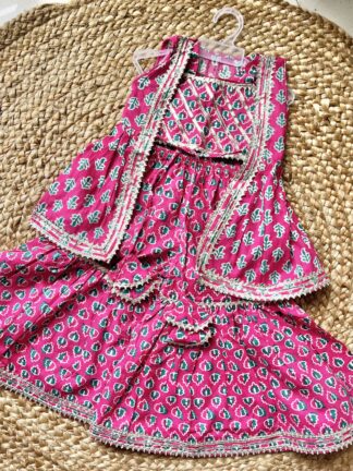 Pink green jacket pattern sharara set