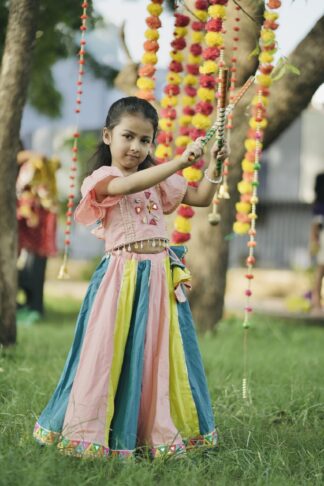 Teal blue peach and yellow kali lehenga with umberalla sleeves blouse