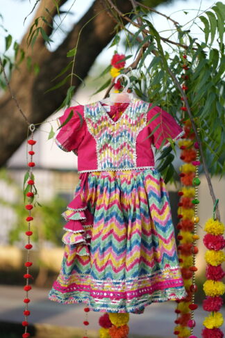 Multicolor zigzag lehenga pink umberella sleeves blouse