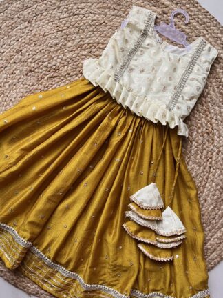 Cream mustard yellow chinnon lehenga set