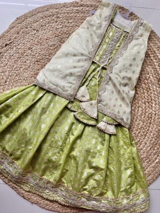Green cream dola silk jacket pattern lehenga set